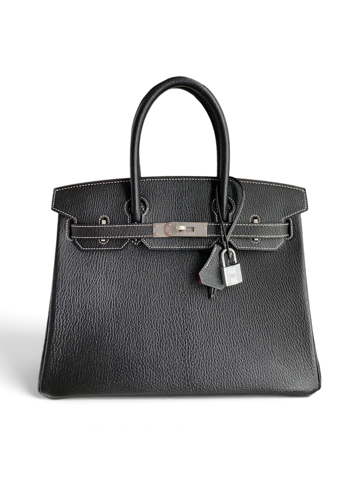 SWORD LUXURY siyah Togo deri Hermès Birkin 30 çanta, gümüş renkli paladyum donanım ve beyaz dikiş detaylı.