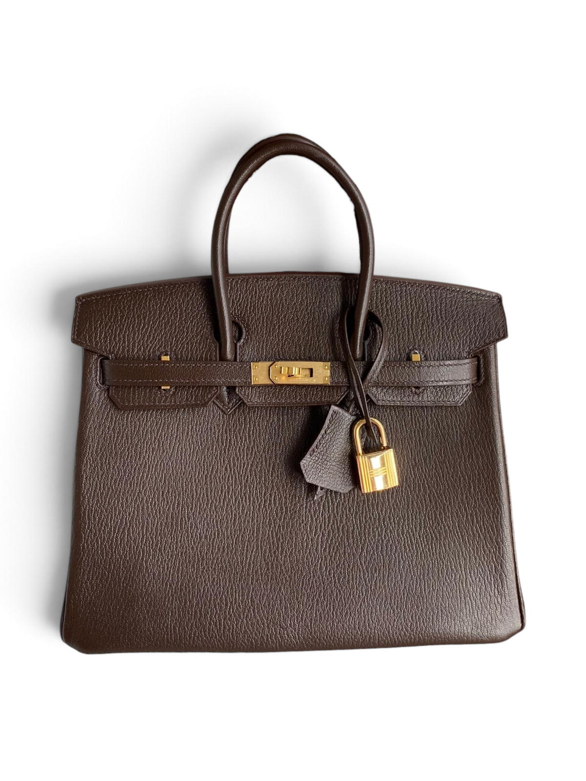 SWORD LUXURY marka kahverengi Chevre keçi derisi Hermès Birkin 25 çanta, altın donanımlı ve kilitli.