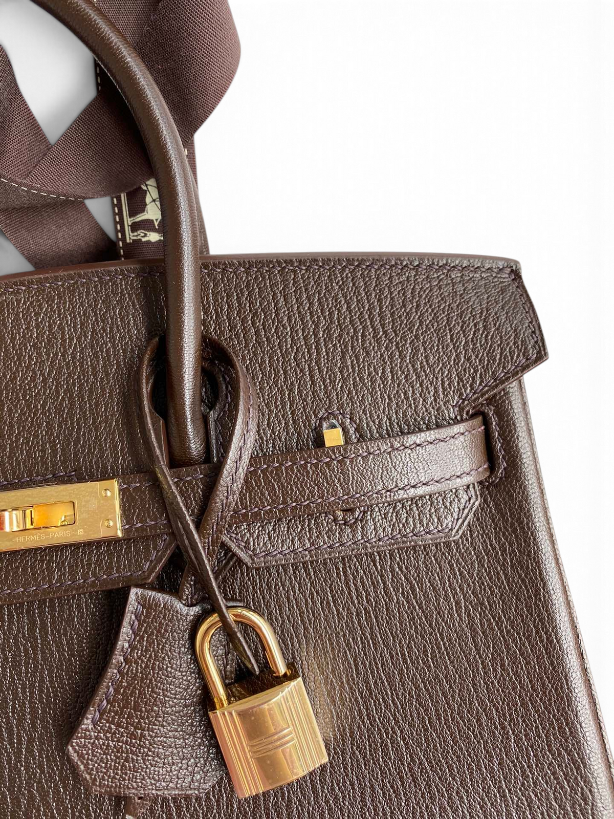 SWORD LUXURY kahverengi Chevre keçi derisi Hermès Birkin 25 çanta, altın donanımlı kilit ve clochette detaylı.