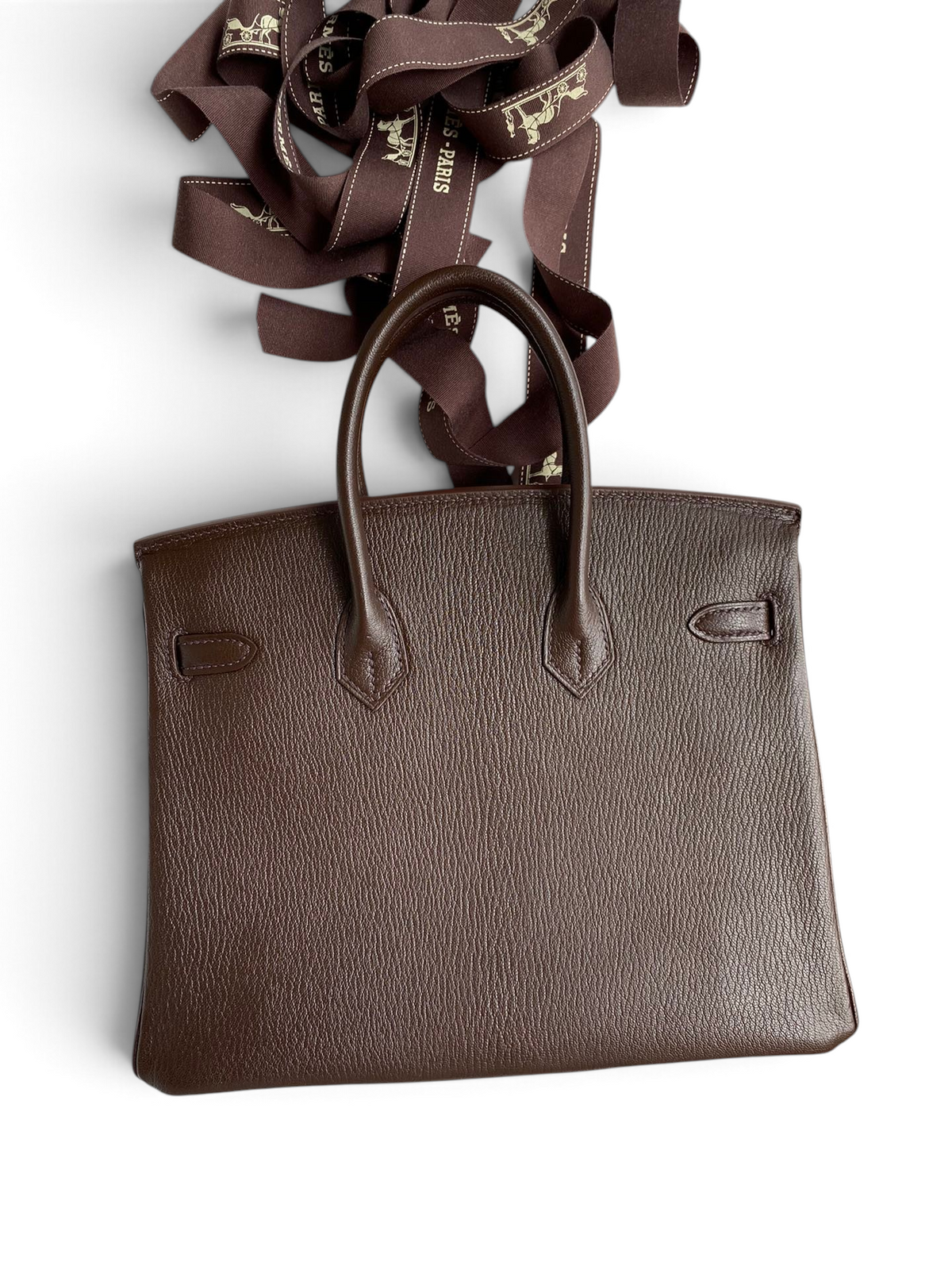 SWORD LUXURY kahverengi Chevre keçi derisi Hermès Birkin 25 çanta, kutu içinde kurdele ile sunuluyor.