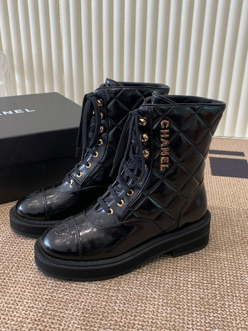 Quilted Patent Leather Ankle Boots