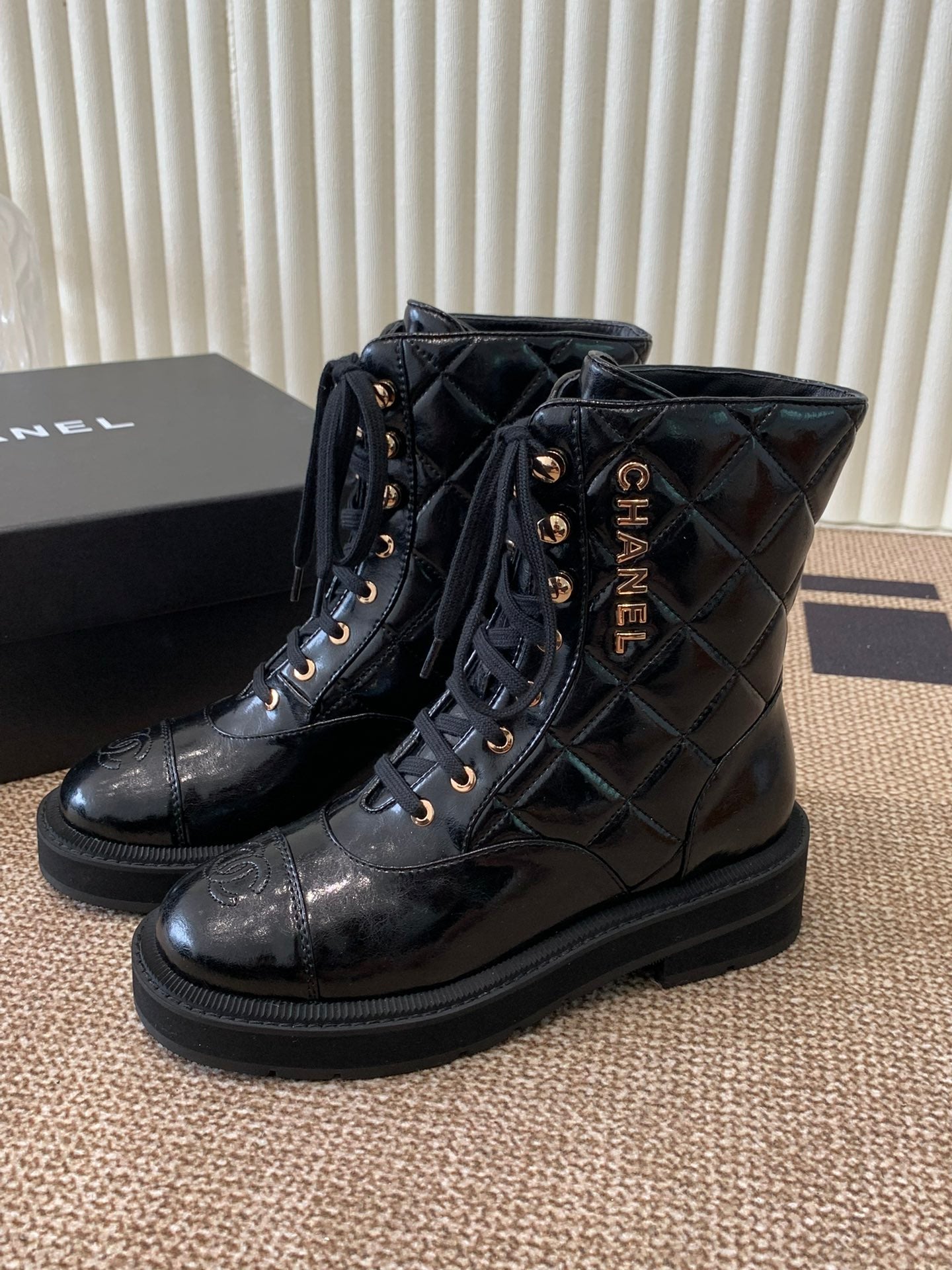 Quilted Patent Leather Ankle Boots