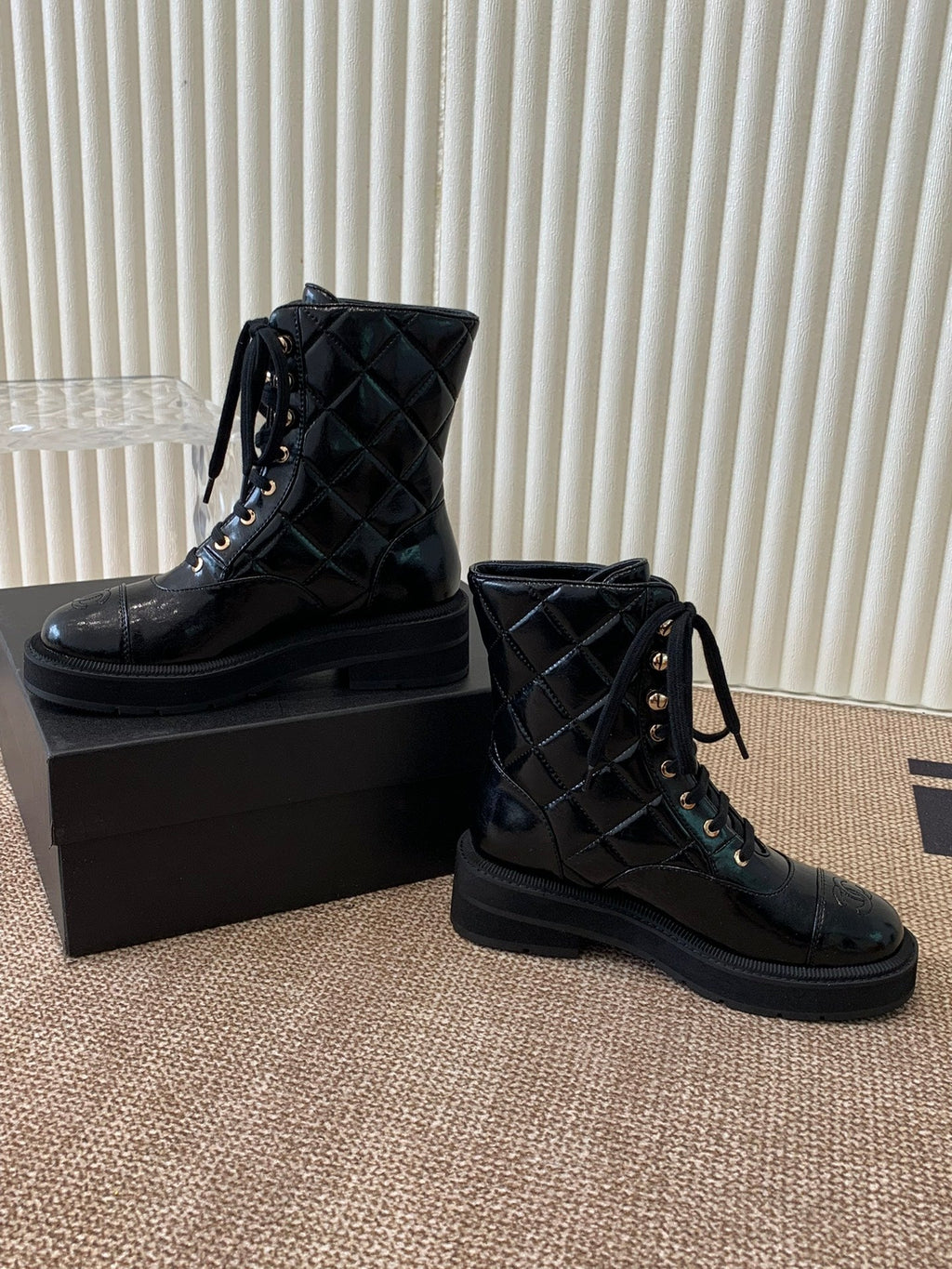 Quilted Patent Leather Ankle Boots