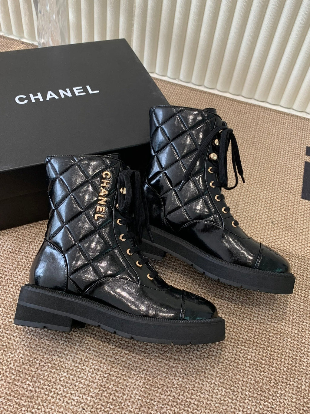 Quilted Patent Leather Ankle Boots