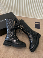 Quilted Patent Leather Lace-Up Boots