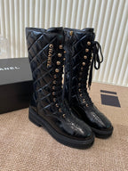 Quilted Patent Leather Lace-Up Boots