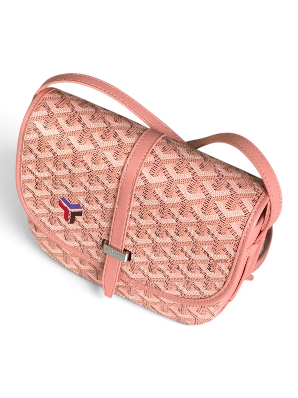 SWORD LUXURY Belvédère II messenger bag in pink Goyardine canvas with leather trim and adjustable crossbody strap.