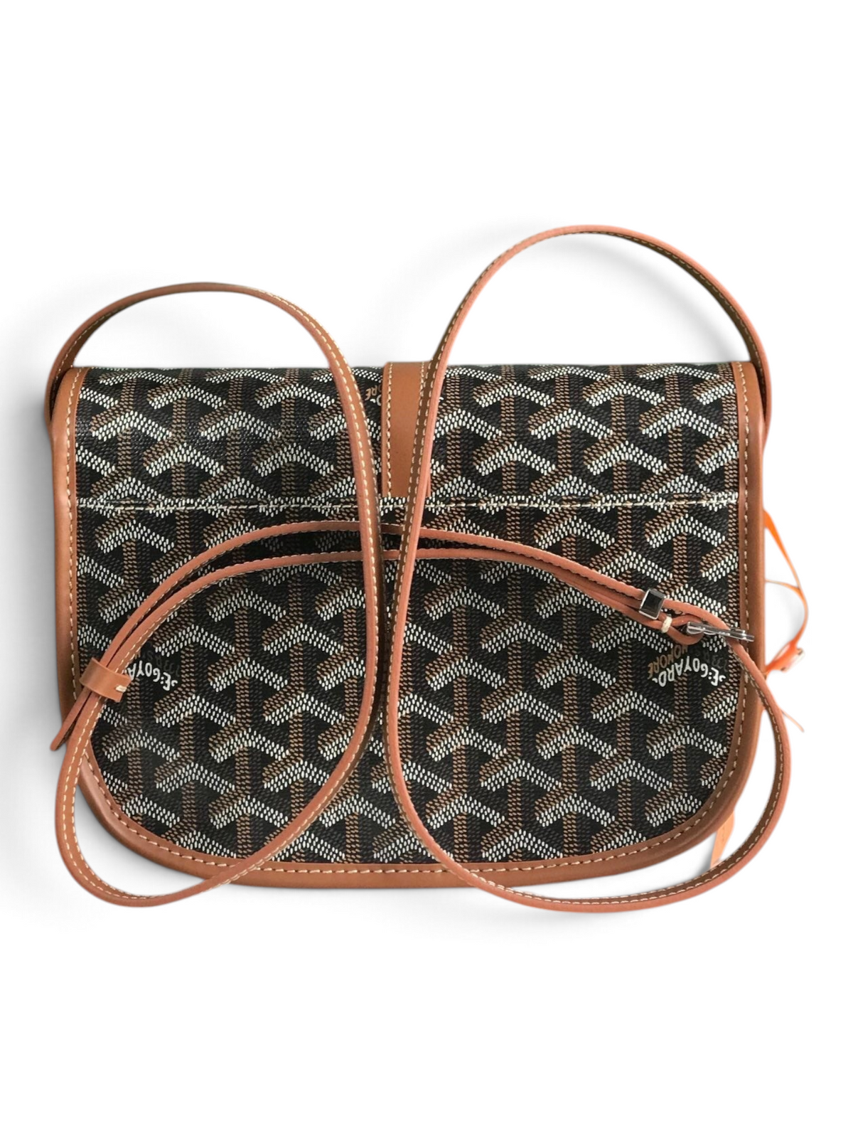 SWORD LUXURY Belvédère II messenger bag in signature Goyardine canvas with brown leather trim and adjustable strap.