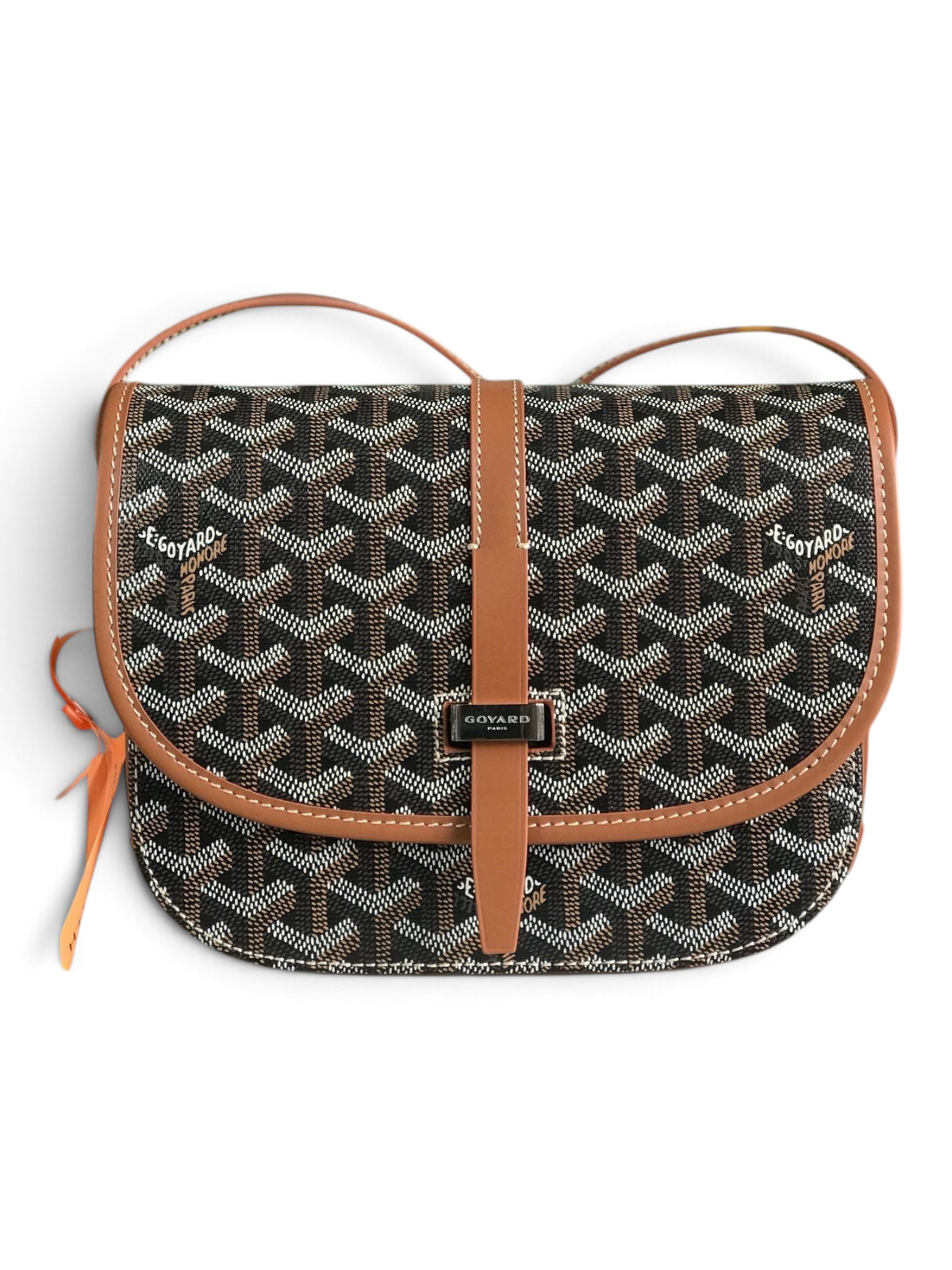 SWORD LUXURY Belvédère II messenger bag in black Goyardine canvas with tan leather trim and adjustable strap