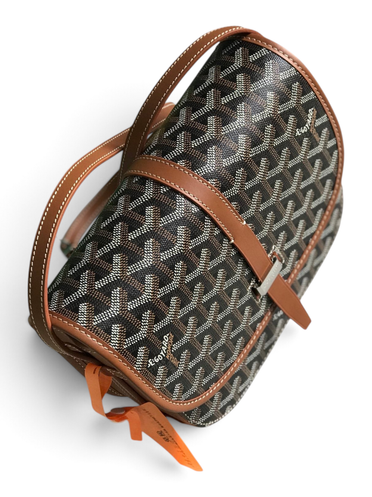 SWORD LUXURY Belvédère II messenger bag in signature Goyardine canvas with brown leather trim and adjustable strap.