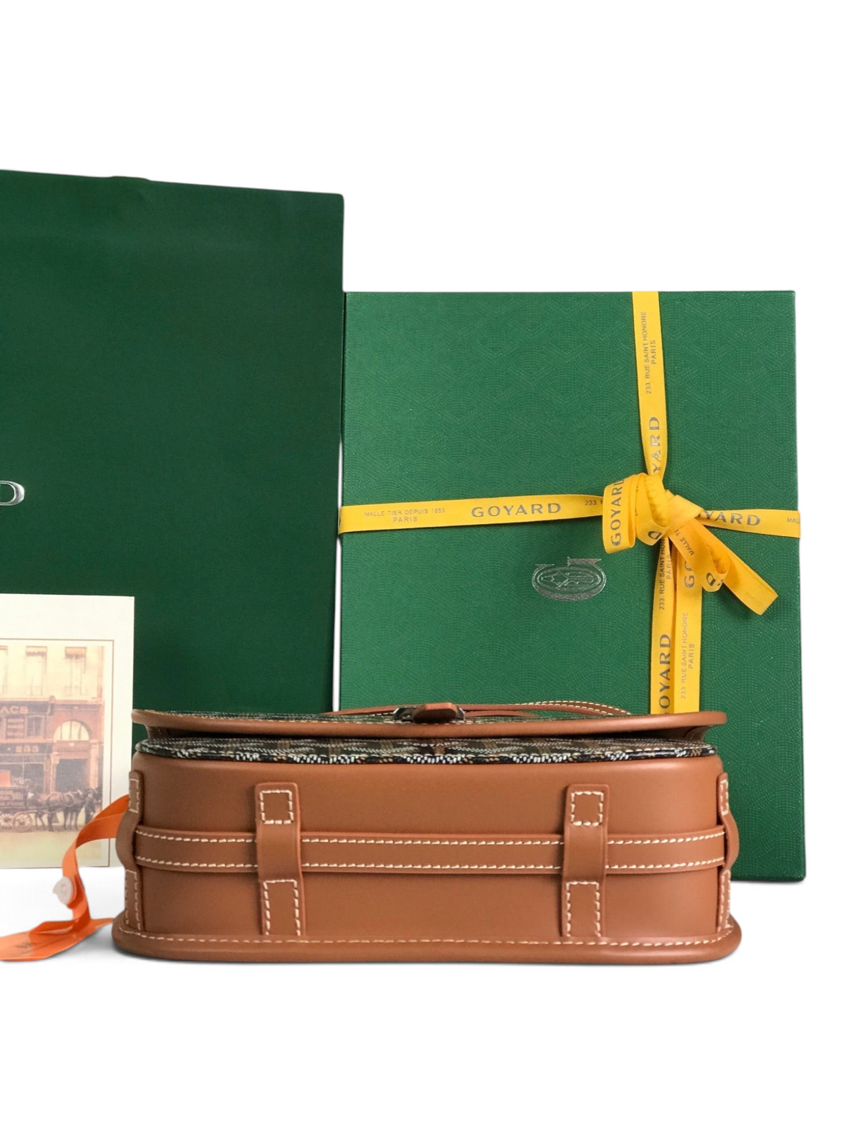 SWORD LUXURY Belvédère II messenger bag in Goyardine canvas with leather trim, displayed with its signature green box.