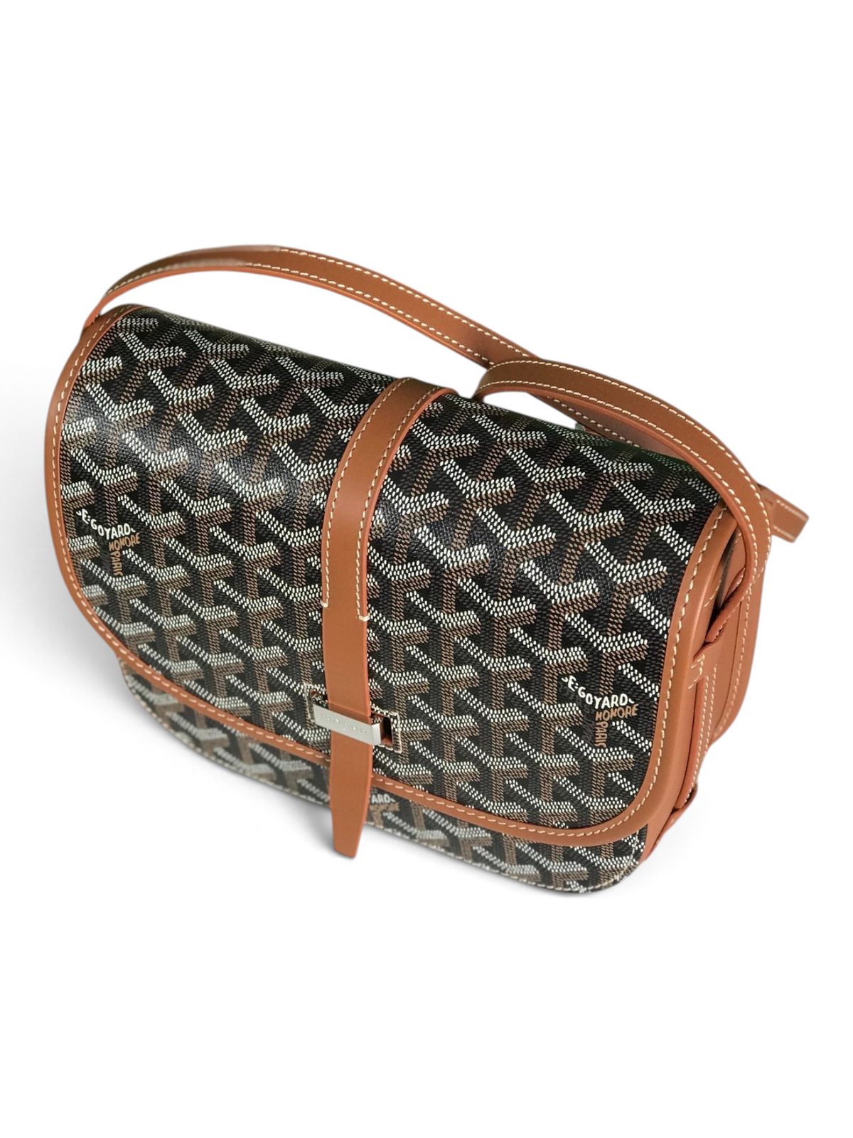 SWORD LUXURY Belvédère II messenger bag in signature Goyardine canvas with tan leather trim and adjustable strap.