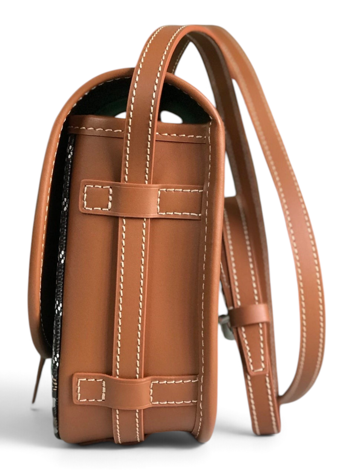 SWORD LUXURY Belvédère II messenger bag side view featuring tan leather trim and white stitching against a green box