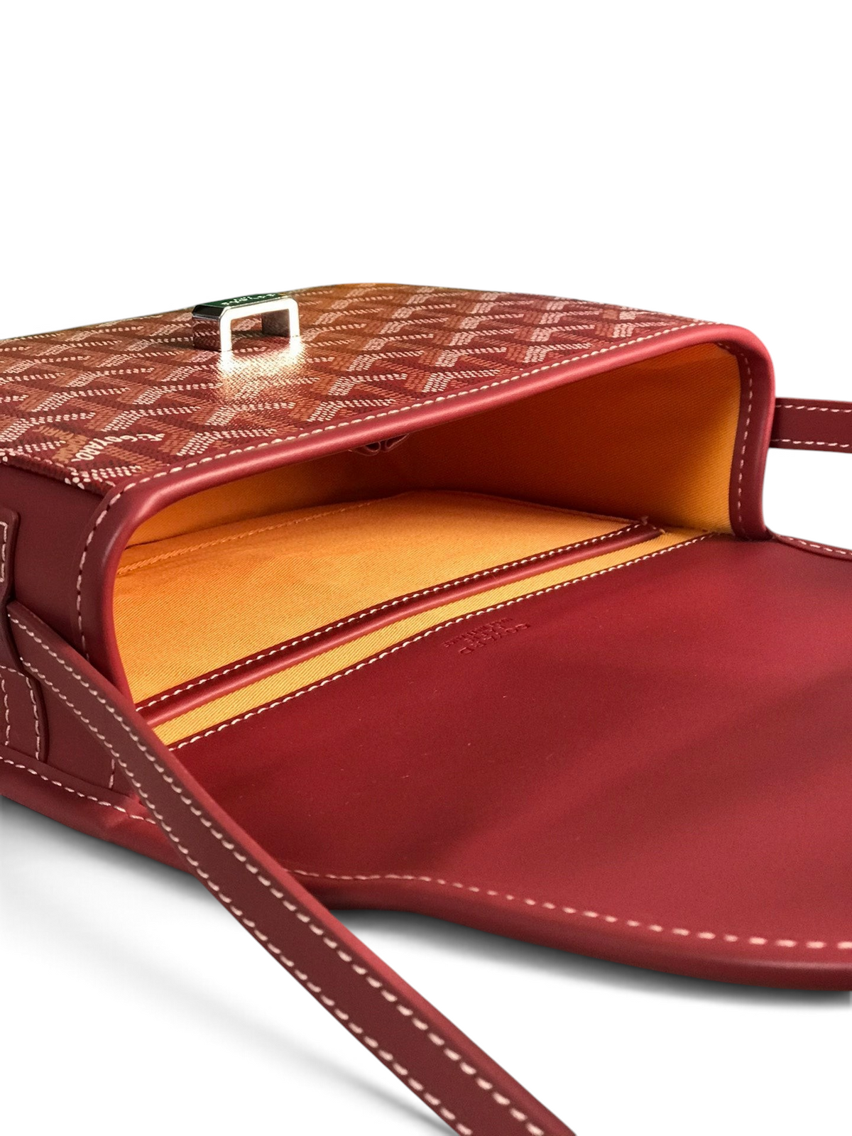 SWORD LUXURY Belvédère II messenger bag in red Goyardine canvas with smooth leather trim and open interior view