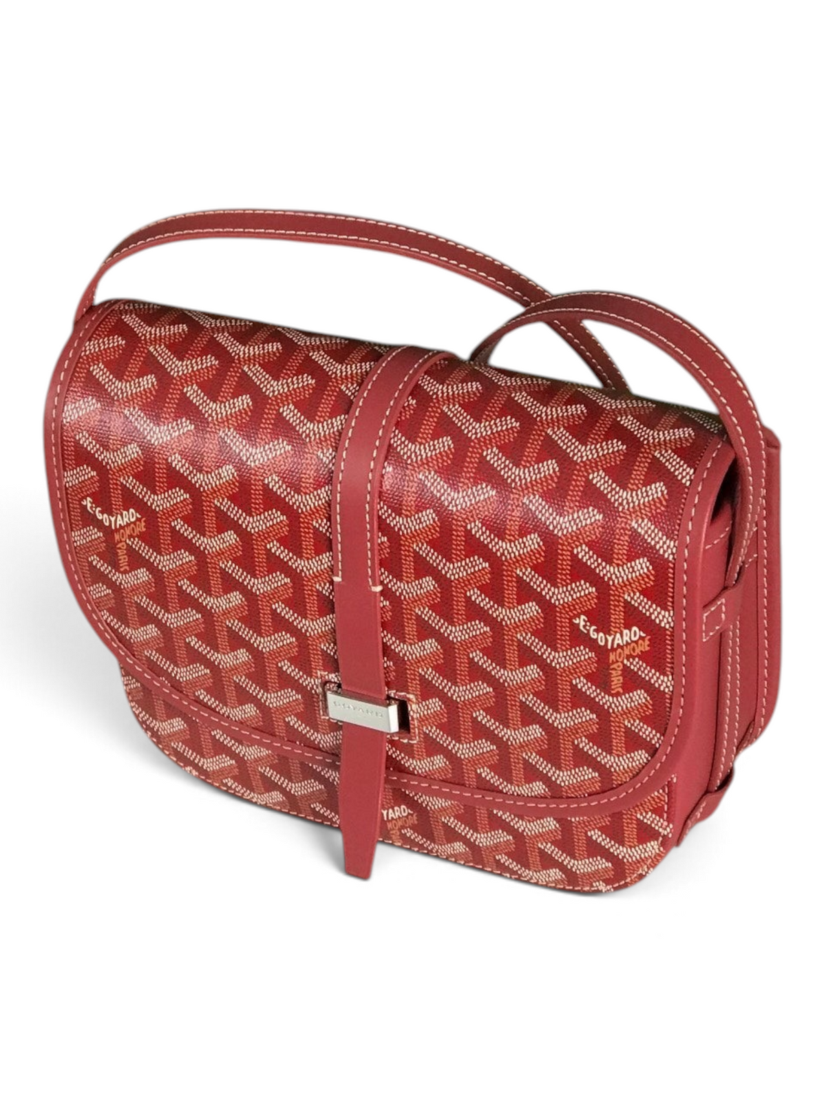 SWORD LUXURY Belvédère II messenger bag in red Goyardine canvas with leather trim, adjustable strap, and metal buckle.