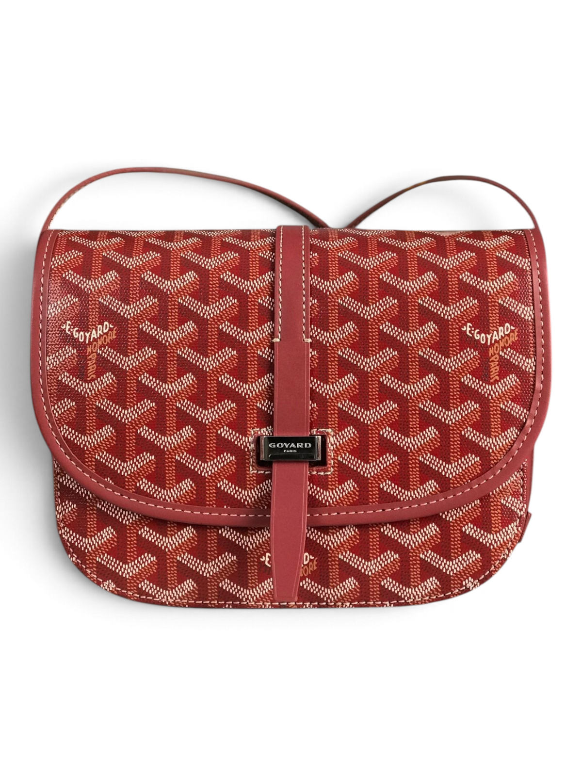 SWORD LUXURY Belvédère II messenger bag in red Goyardine canvas with leather trim, adjustable strap, and metal buckle.