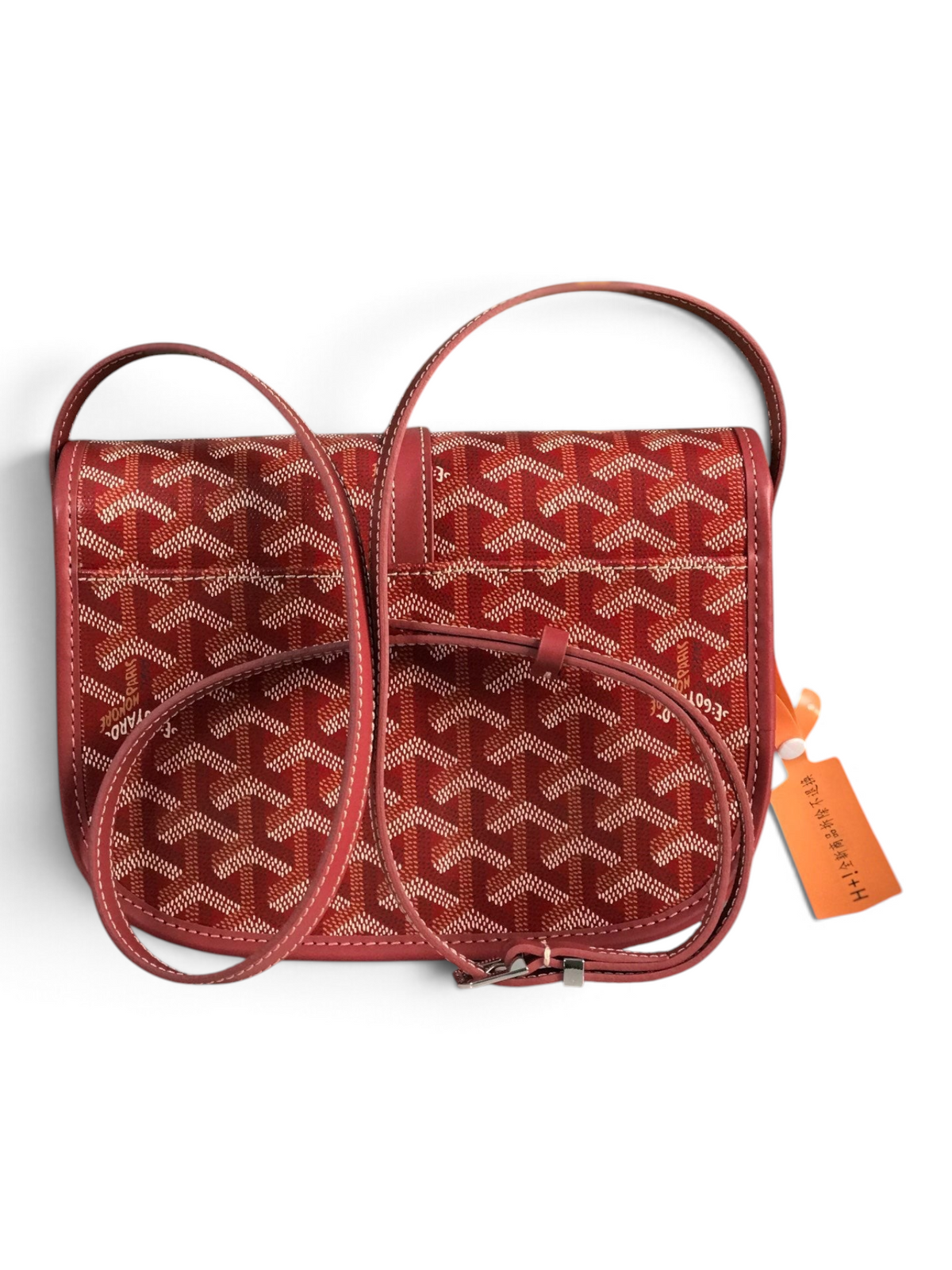 SWORD LUXURY Belvédère II messenger bag in red Goyardine canvas with leather trim and adjustable shoulder strap.