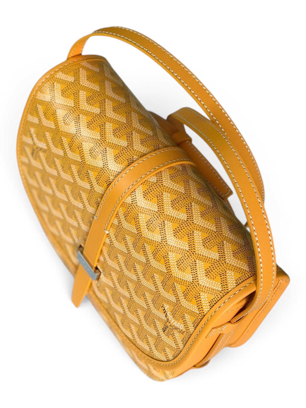 SWORD LUXURY Belvédère II messenger bag in yellow Goyardine canvas with leather trim, adjustable strap, and metal buckle.