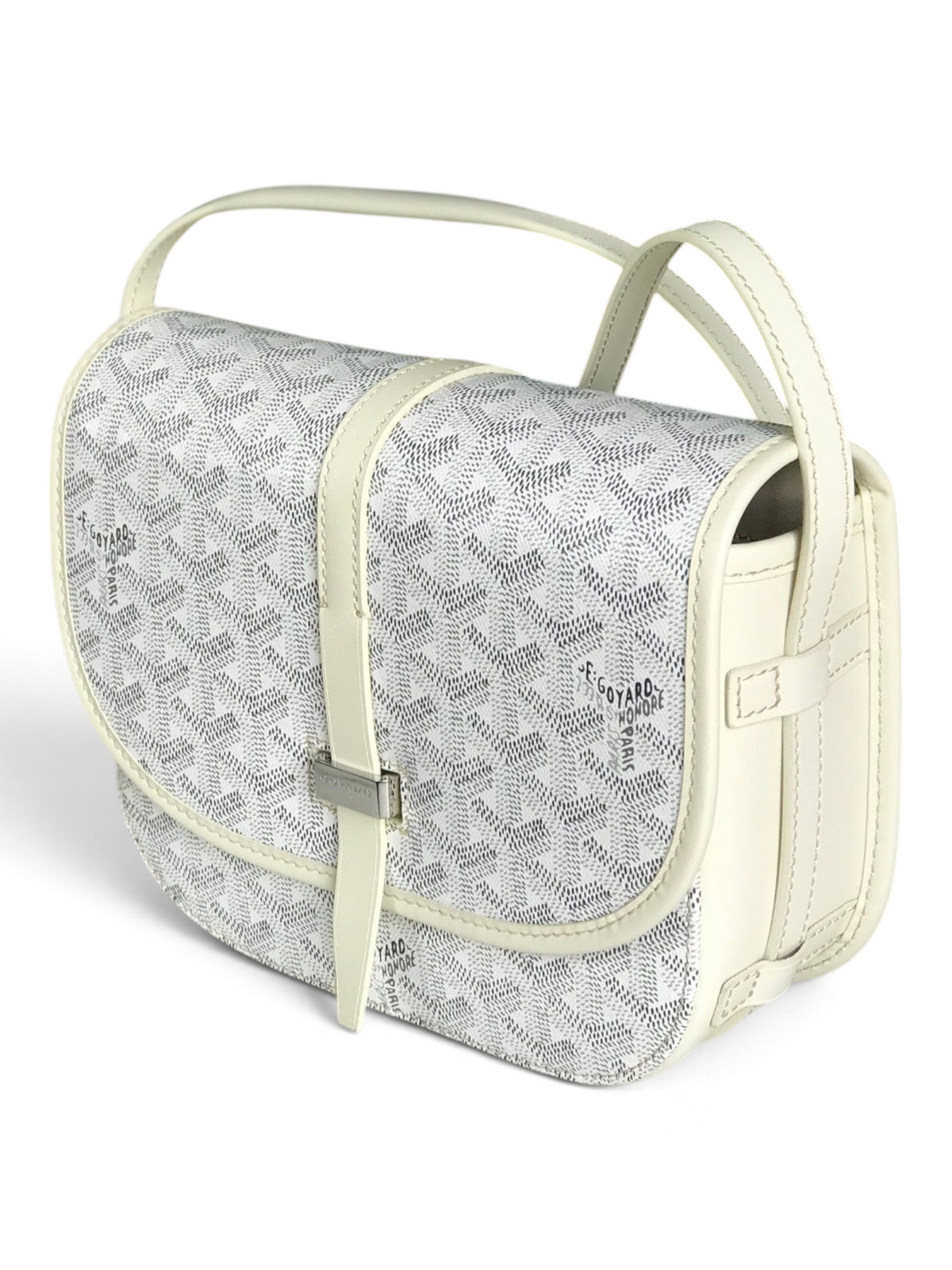 SWORD LUXURY Belvédère II messenger bag in white Goyardine canvas with leather trim and adjustable shoulder strap.