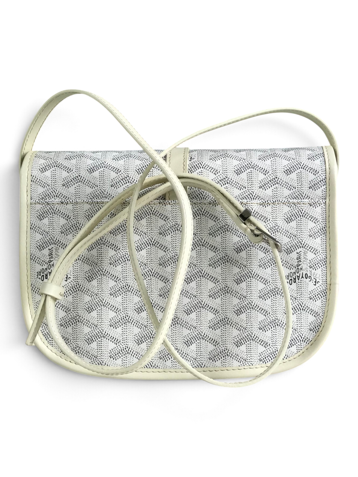 SWORD LUXURY Belvédère II messenger bag in white Goyardine canvas with leather trim and adjustable shoulder strap.
