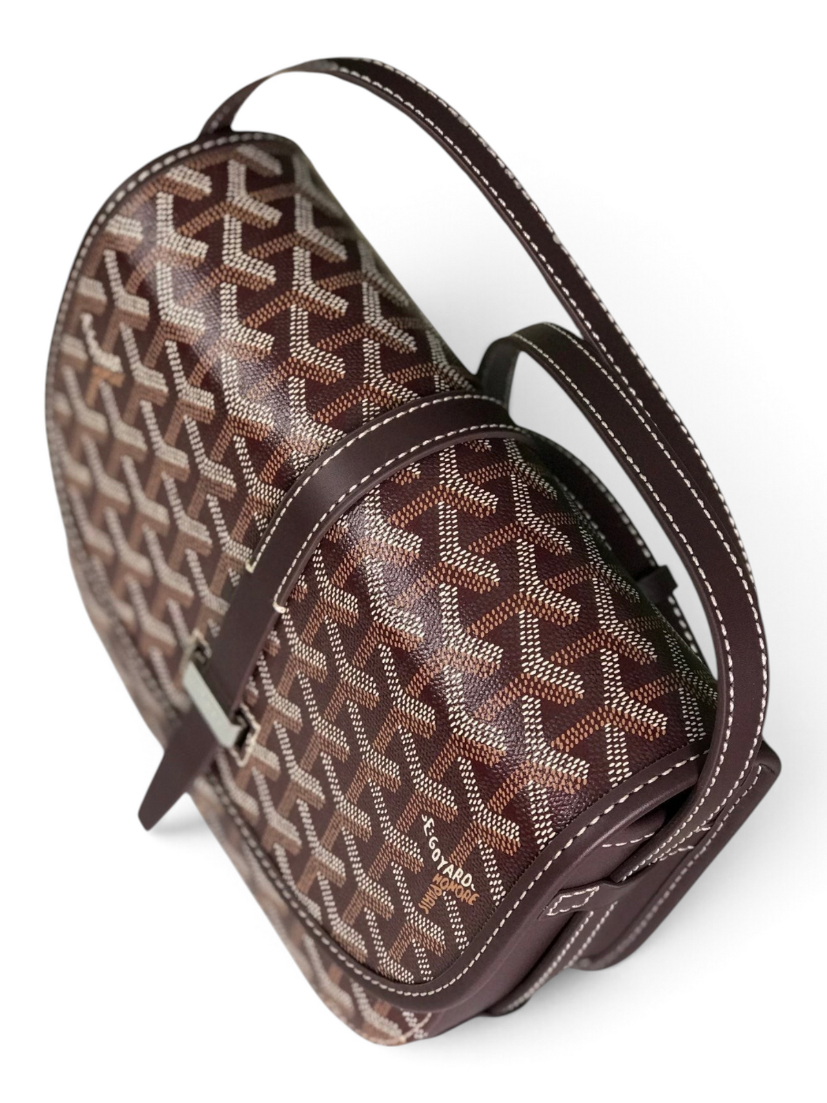 SWORD LUXURY Belvédère II messenger bag in brown Goyardine canvas with leather trim and adjustable shoulder strap.
