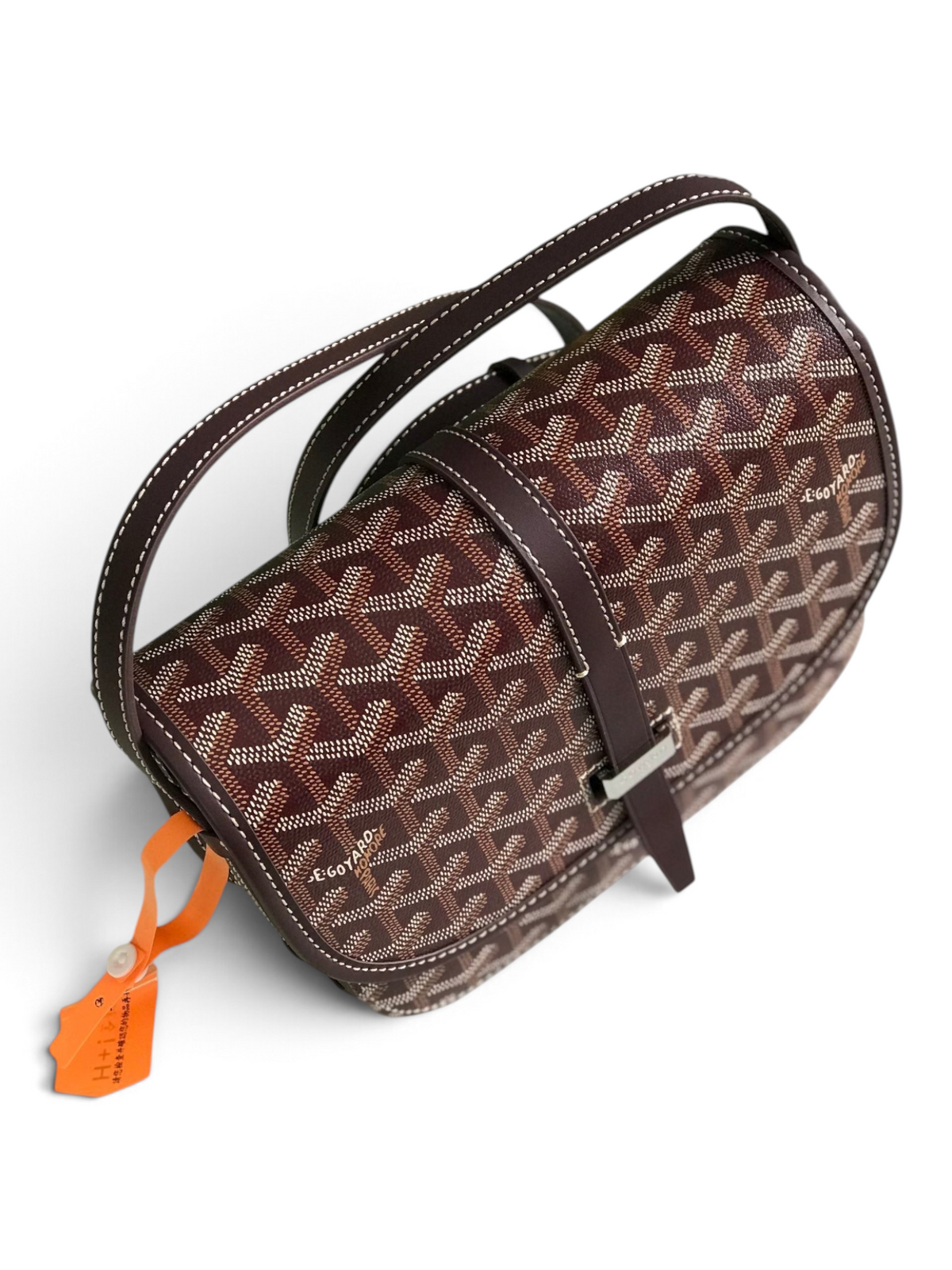 SWORD LUXURY Belvédère II messenger bag in brown Goyardine canvas with leather trim and adjustable shoulder strap.