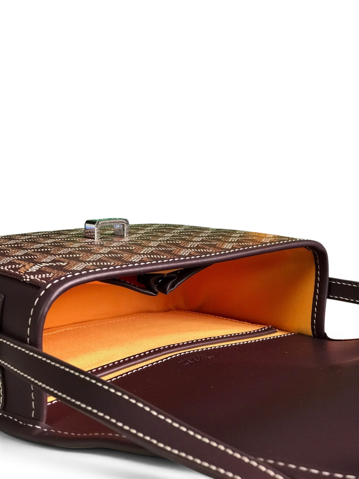 SWORD LUXURY Belvédère II messenger bag in Goyardine canvas with leather trim, shown open with a yellow interior.