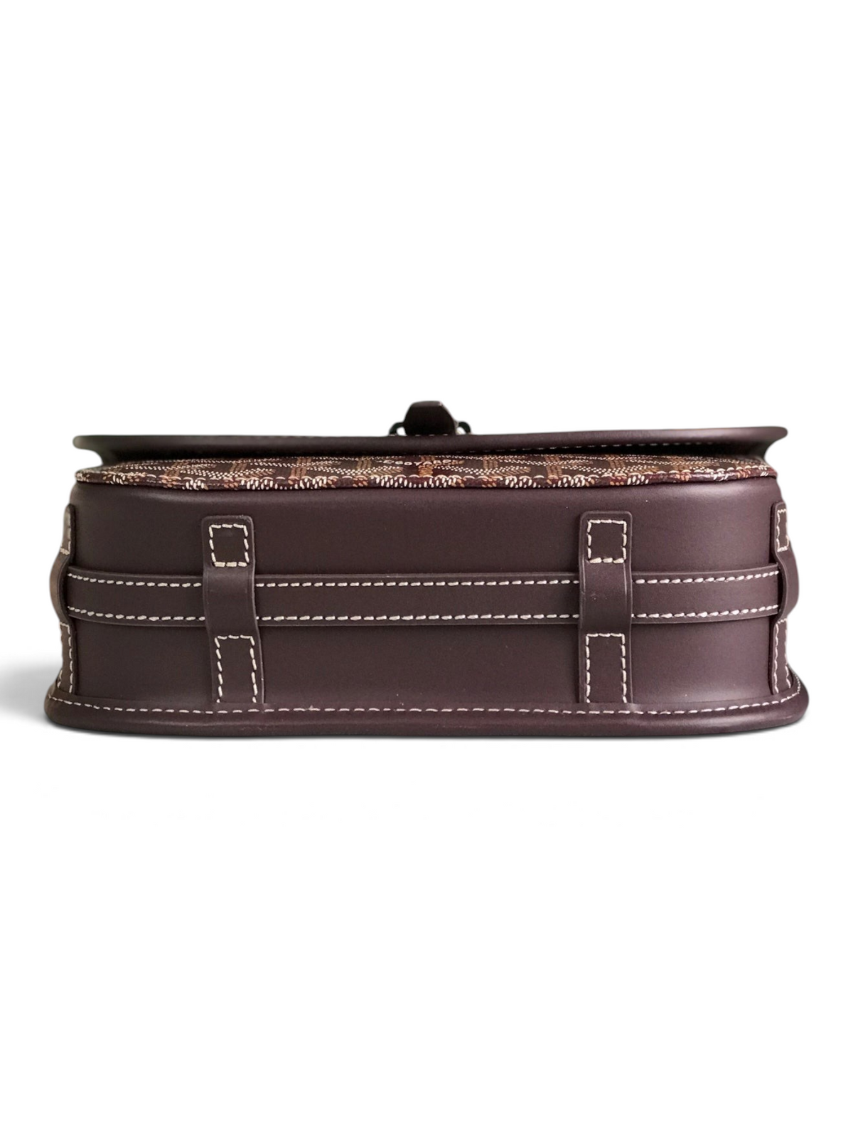 SWORD LUXURY Belvédère II messenger bag in brown Goyardine canvas with leather trim, shown from the bottom view.