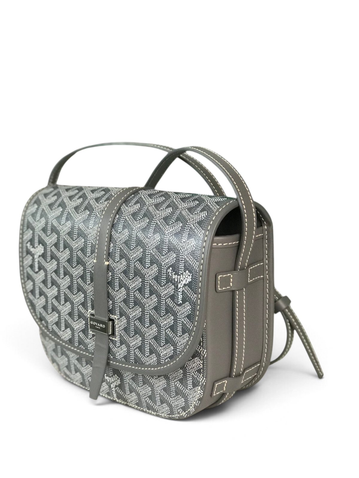 SWORD LUXURY Belvédère II messenger bag in grey Goyardine canvas with leather trim, adjustable strap, and metal buckle.