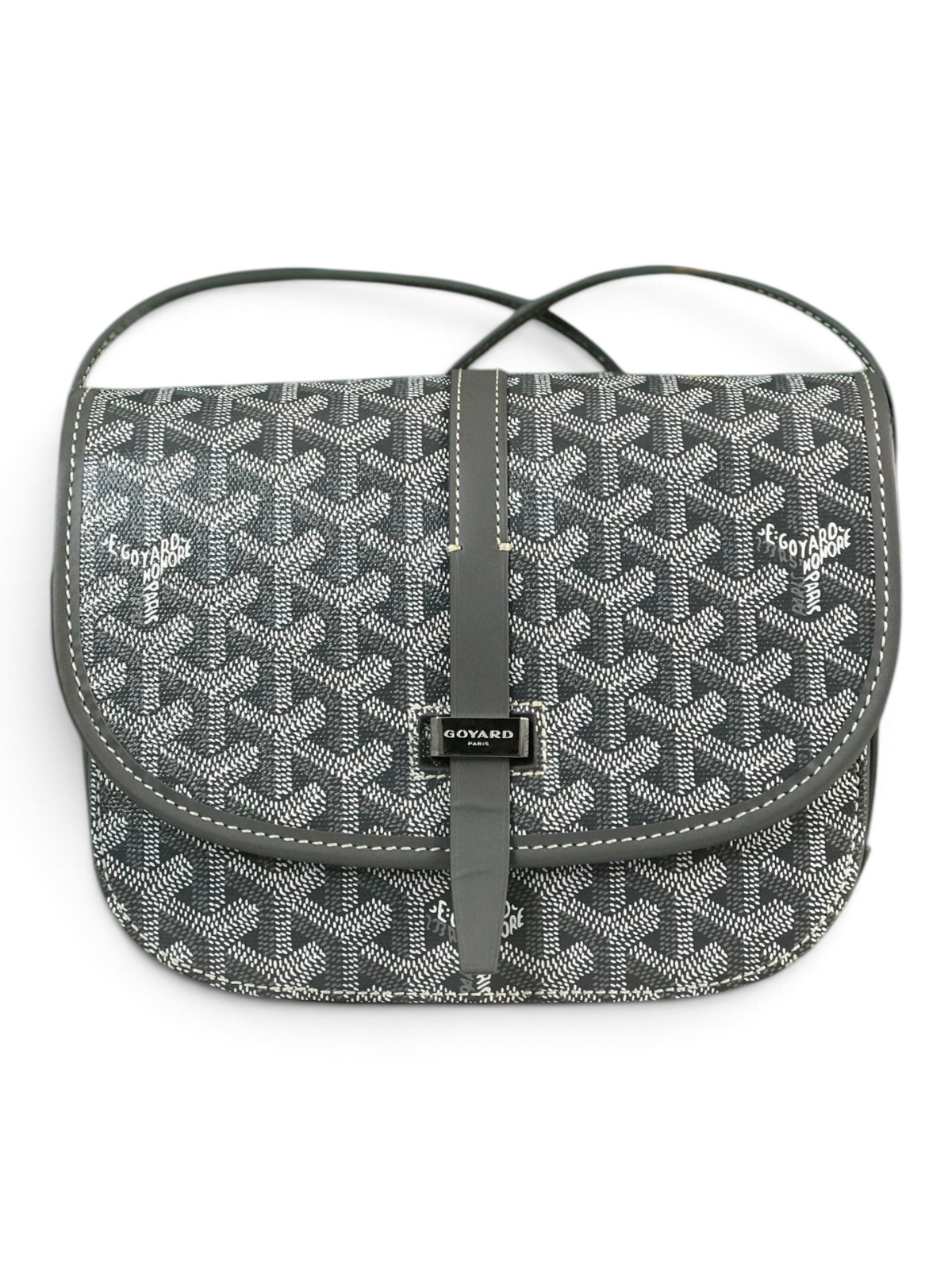 SWORD LUXURY Belvédère II messenger bag in grey Goyardine canvas with leather trim, adjustable strap, and metal buckle.