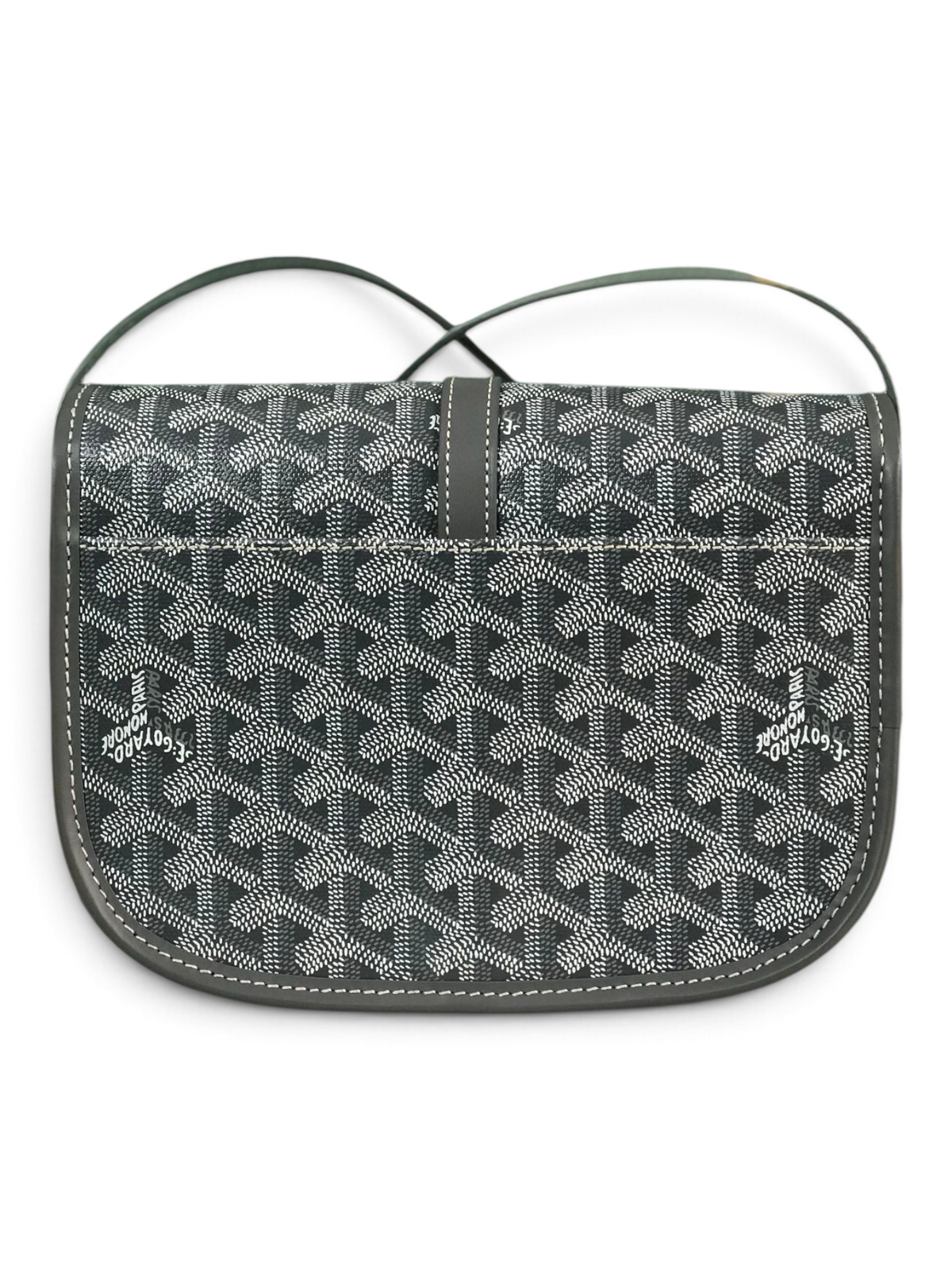 SWORD LUXURY Belvédère II messenger bag in grey Goyardine canvas with leather trim and adjustable shoulder strap.