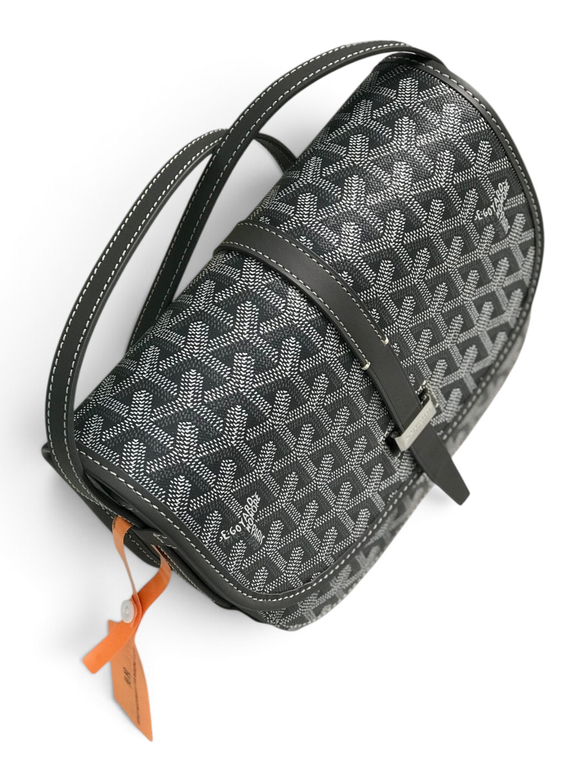 SWORD LUXURY Belvédère II messenger bag in black Goyardine canvas with leather trim and adjustable shoulder strap.