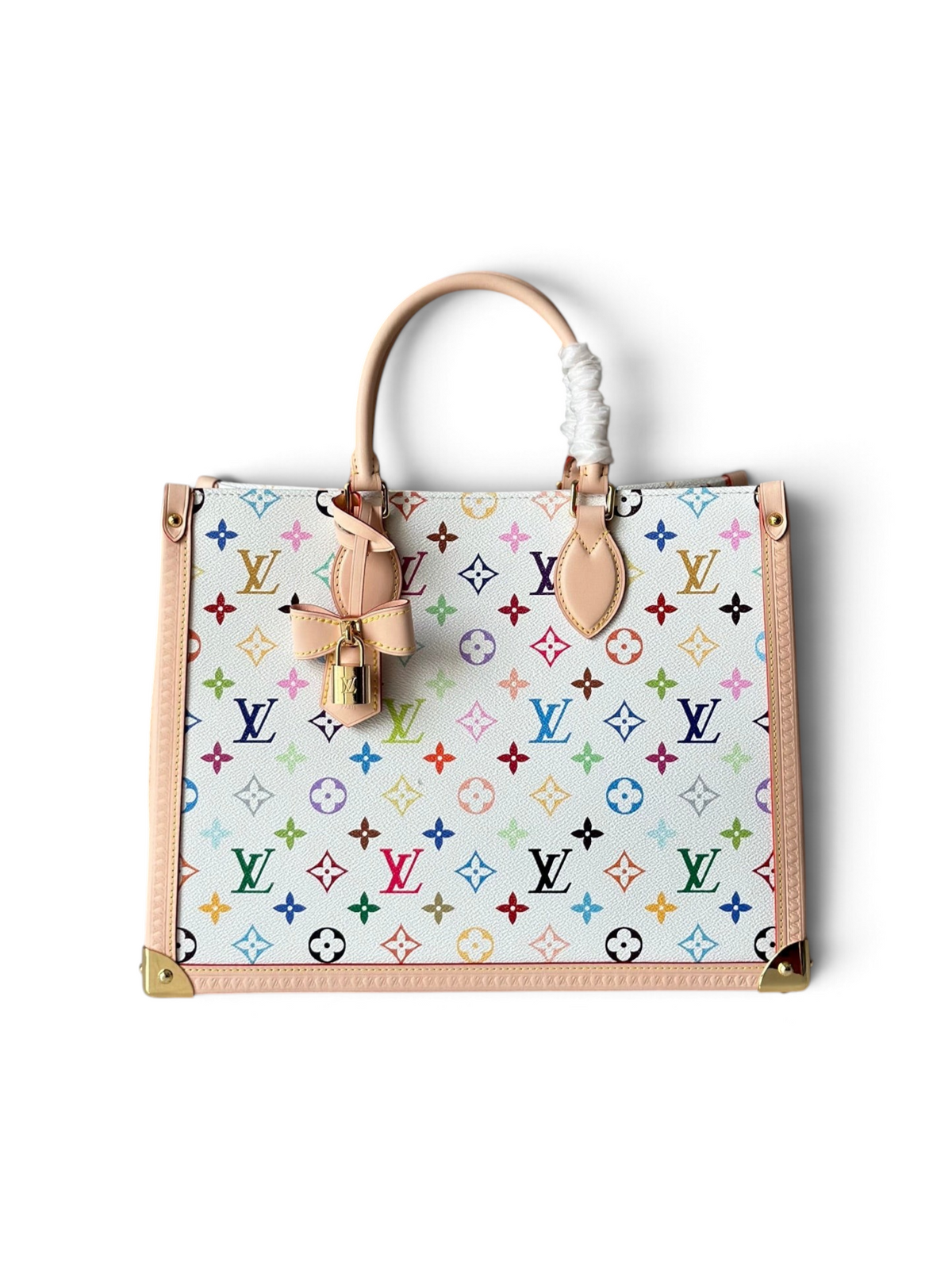 SWORD LUXURY imzalı, çok renkli Monogram desenli, deri detaylı ve altın rengi donanımlı şık Louis Vuitton OnTheGo MM çanta.