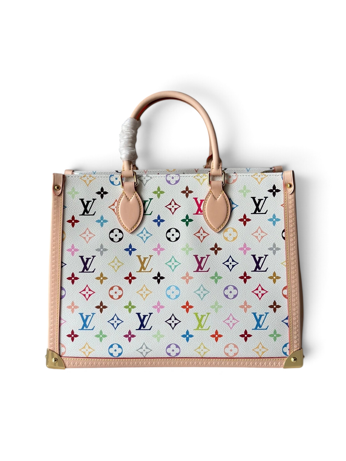 SWORD LUXURY Louis Vuitton OnTheGo MM çanta, beyaz kanvas üzerine renkli monogram desenli, deri detaylı ve altın donanımlı.
