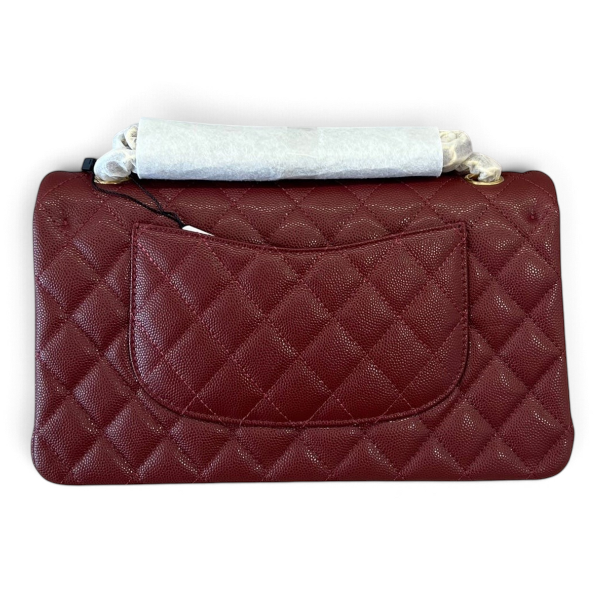 SWORD LUXURY bordo rengi kapitone desenli Caviar deri Chanel Classic Double Flap çanta, arka görünüm.