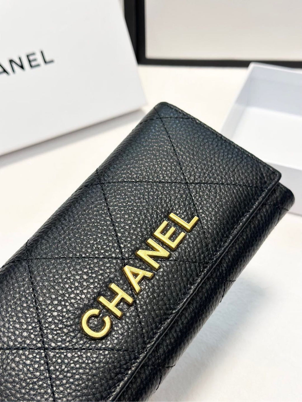 Quilted Leather Wallet with Gold Logo