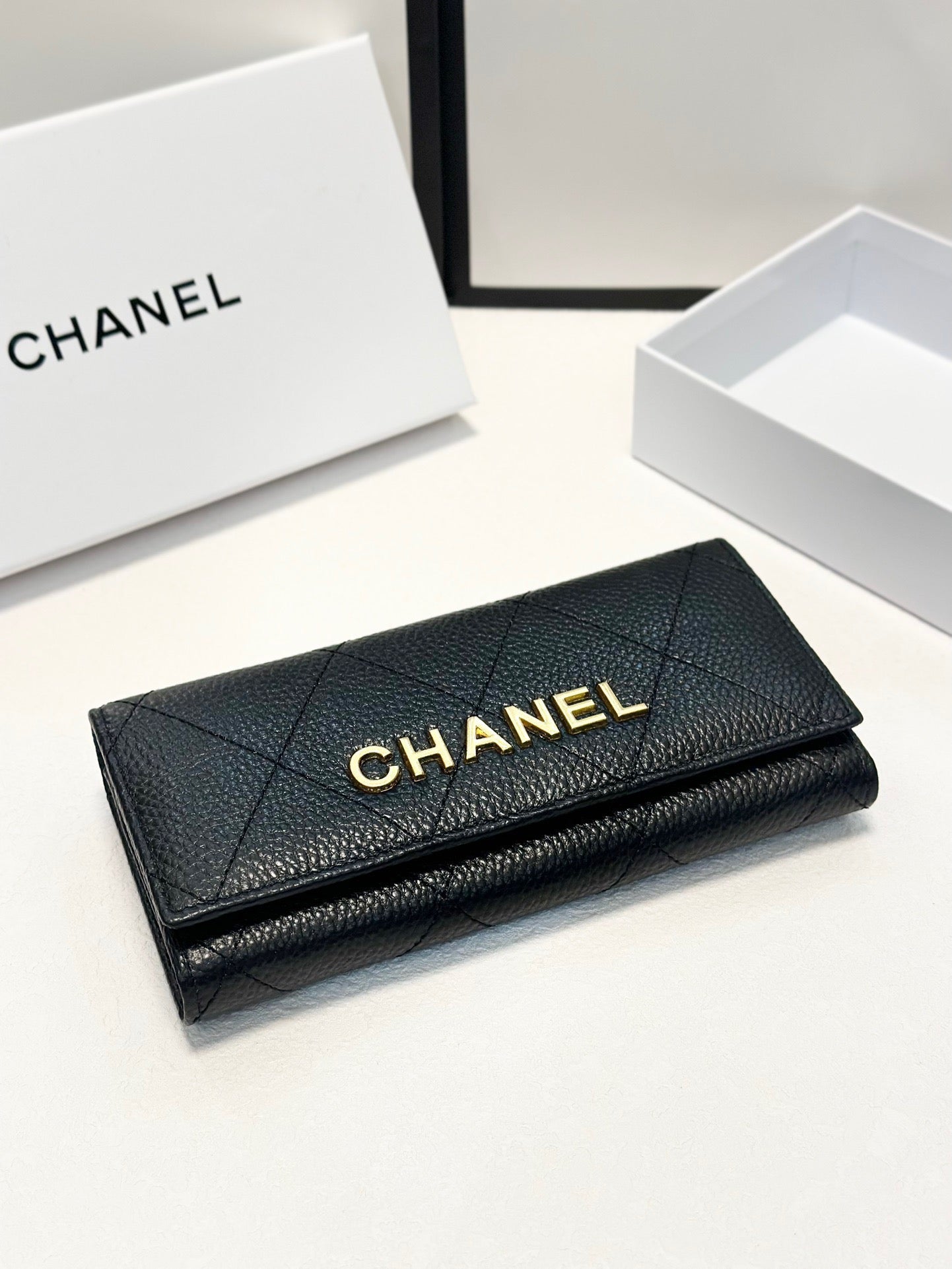 Quilted Leather Wallet with Gold Logo