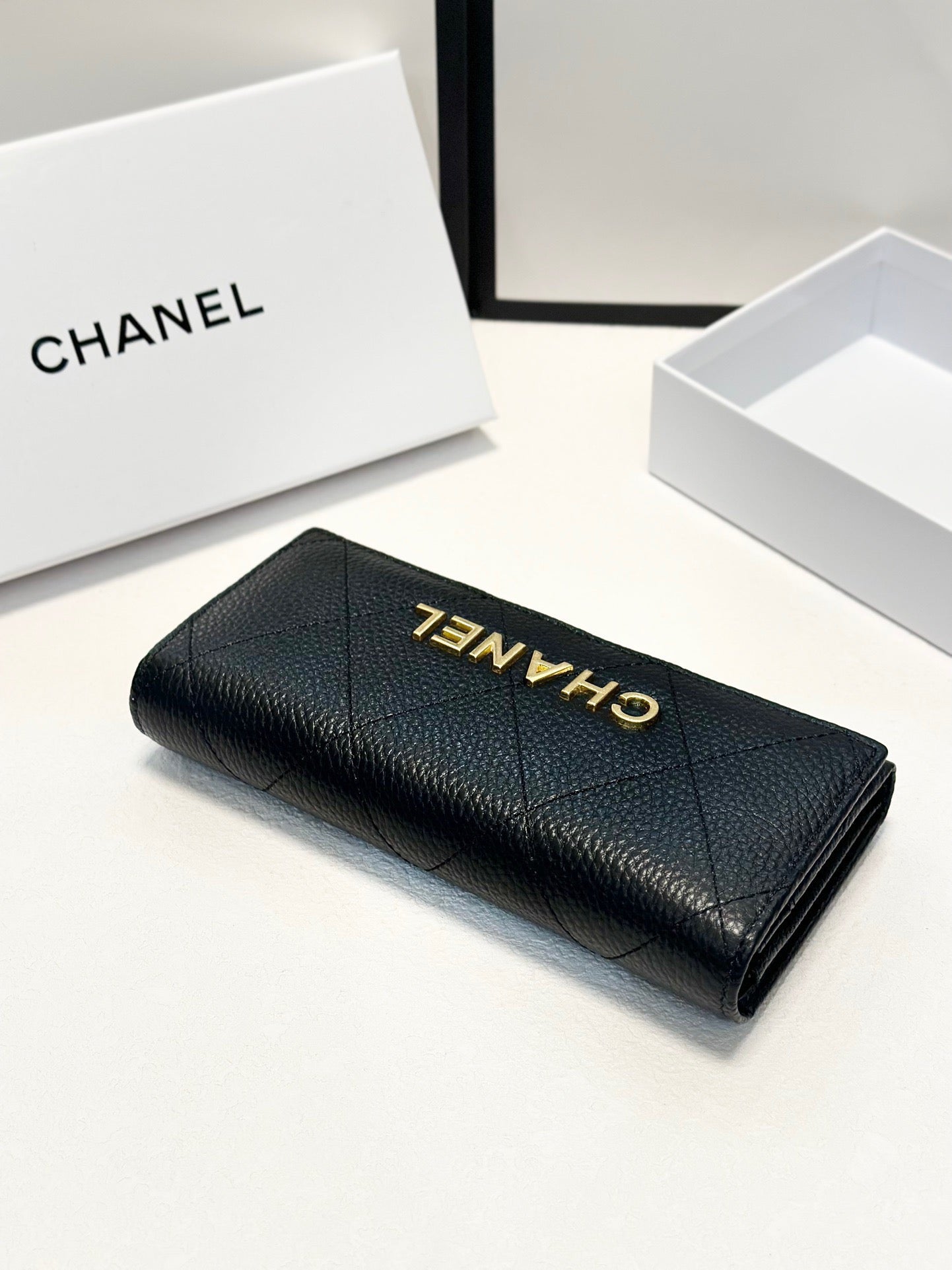 Quilted Leather Wallet with Gold Logo