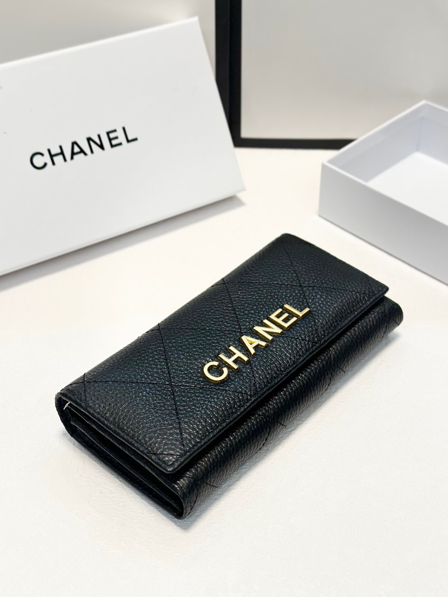 Quilted Leather Wallet with Gold Logo