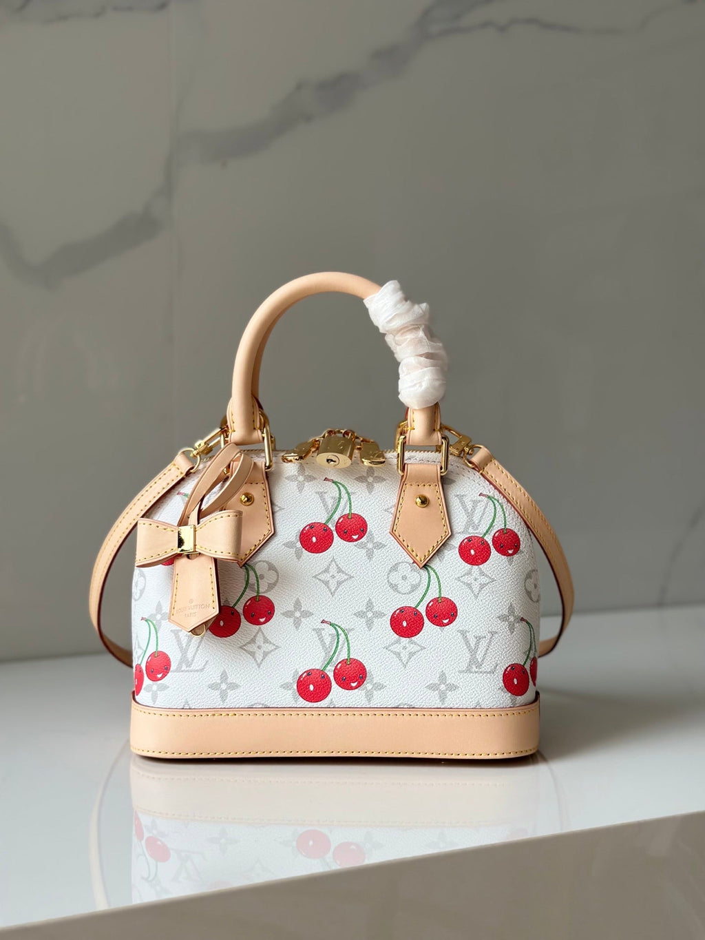 Alma BB White Monogram Canvas with Cherry Print