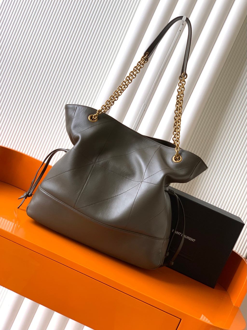 Saint Laurent Jamie 4.3 Large Pochon Bag in Taupe Lambskin Leather - Detail View 2