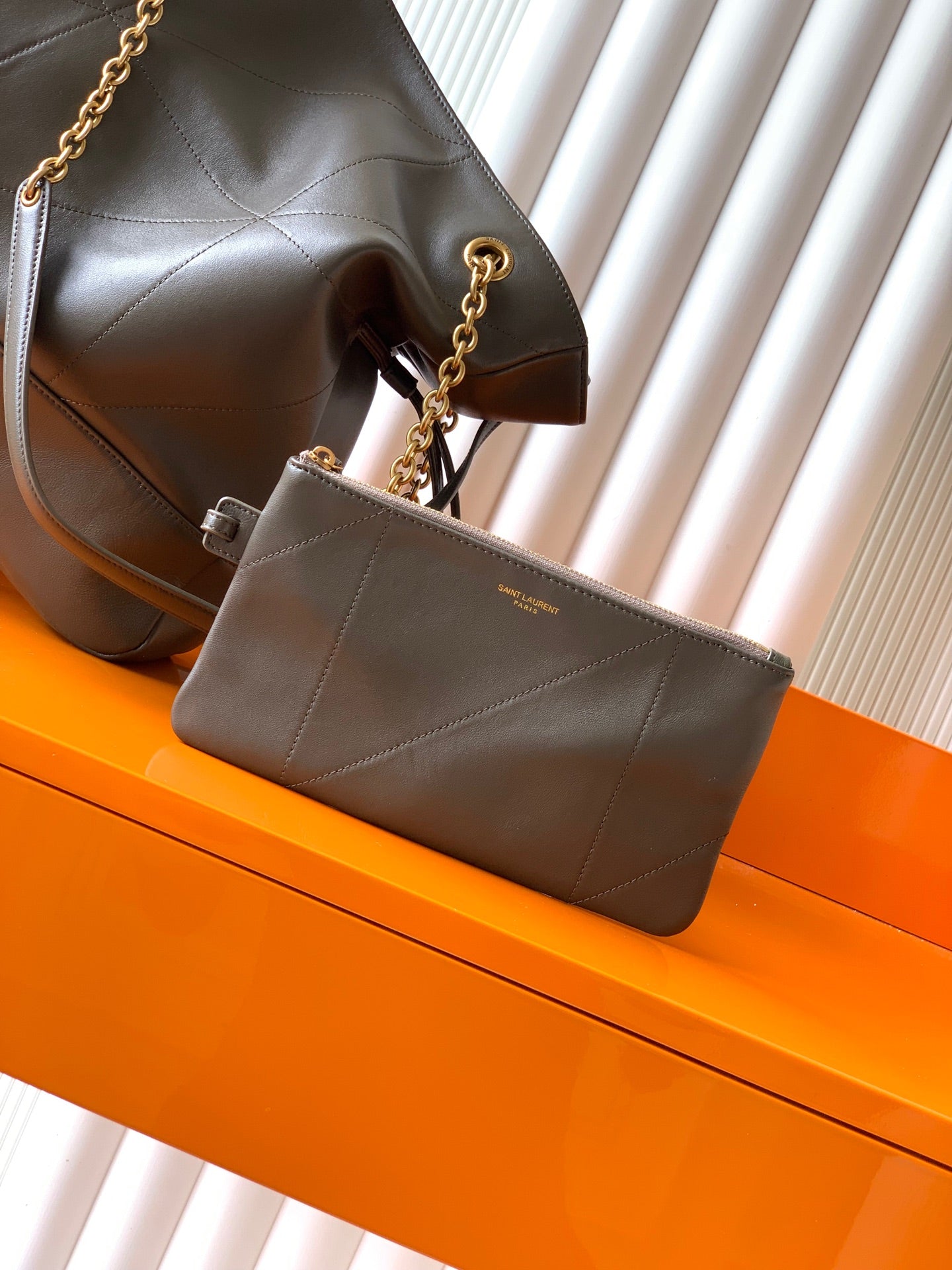 Saint Laurent Jamie 4.3 Large Pochon Bag in Taupe Lambskin Leather - Detail View 5