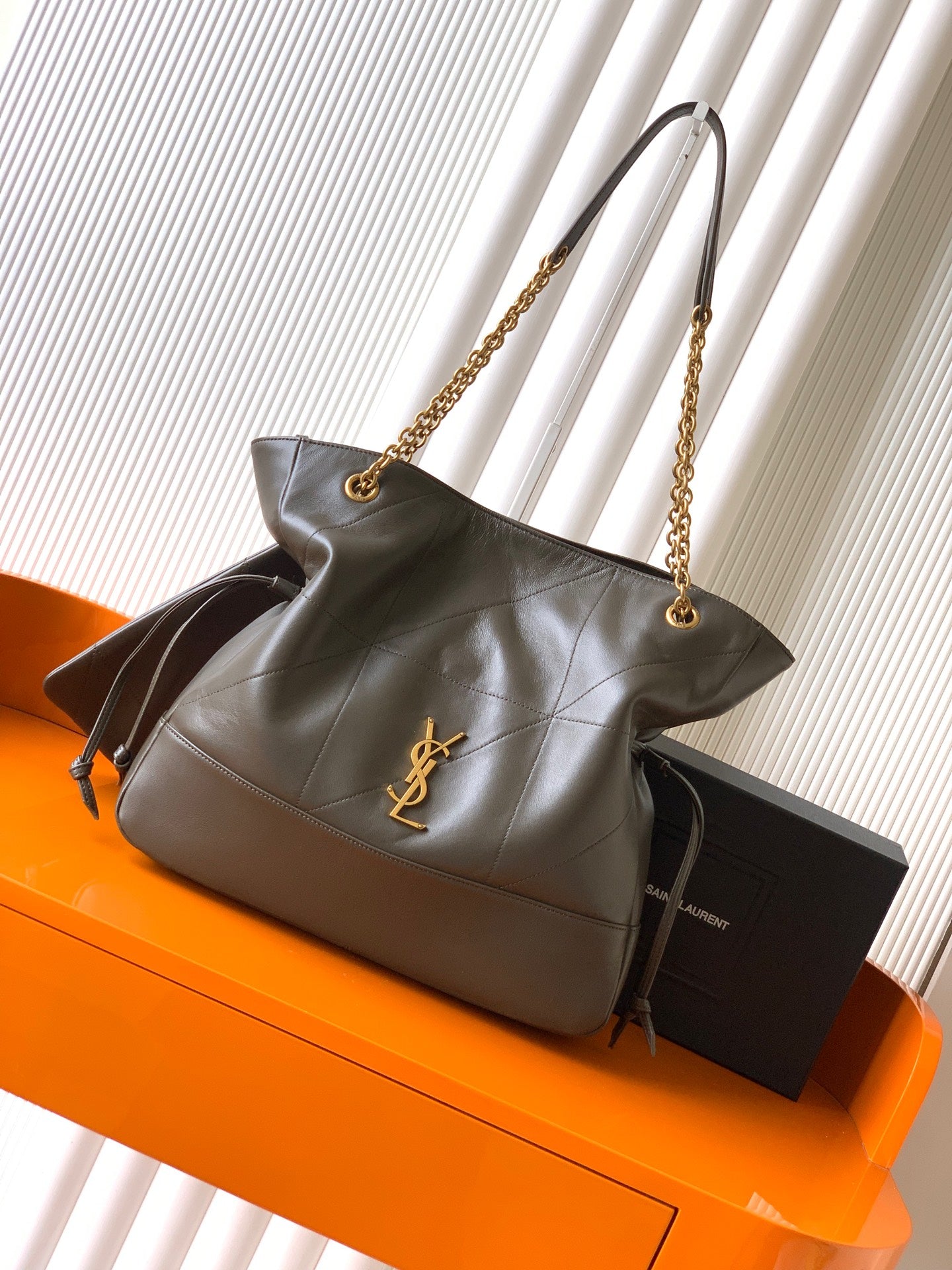 Saint Laurent Jamie 4.3 Large Pochon Bag in Taupe Lambskin Leather - Front View