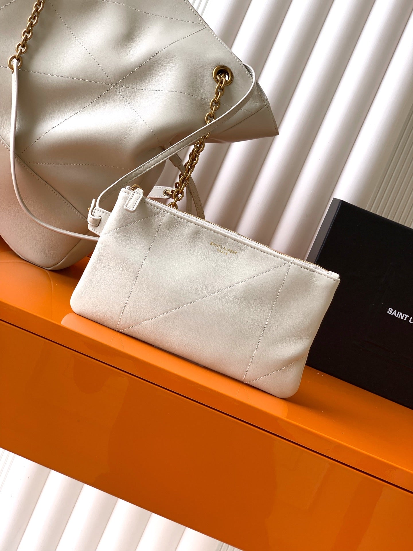 Saint Laurent Jamie 4.3 Large Pochon Bag in Ivory Lambskin Leather - Detail View 4
