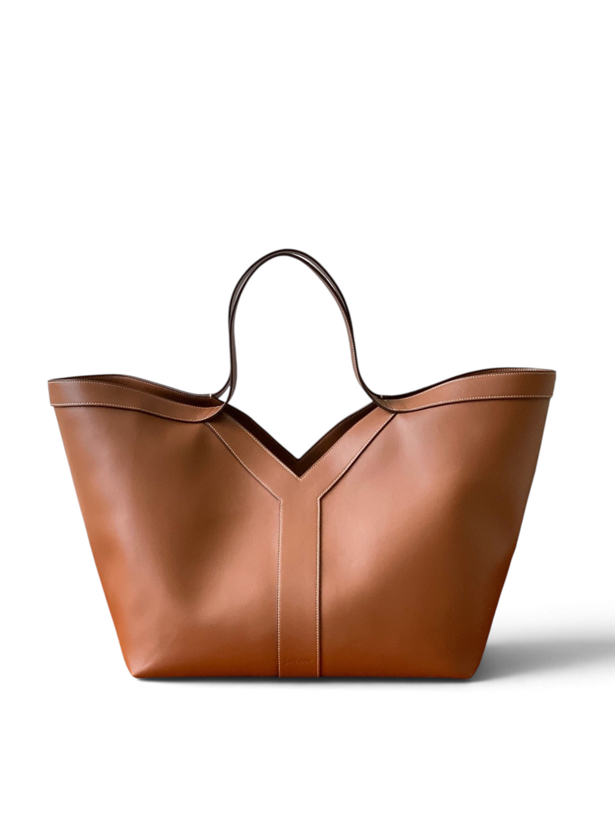 Saint Laurent Y Large Tote Bag in Tan Grained calfskin Leather - Front View