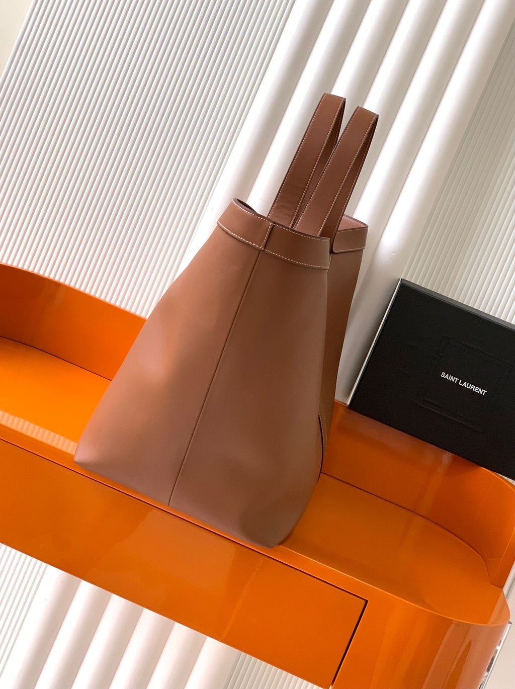 Saint Laurent Y Large Tote Bag in Tan Grained calfskin Leather - Detail View 2