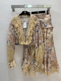 Lace-Trim Blouse And Maxi Skirt Set - Beige Floral - View 1