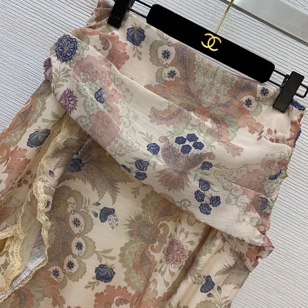 Lace-Trim Blouse And Maxi Skirt Set - Beige Floral - View 9