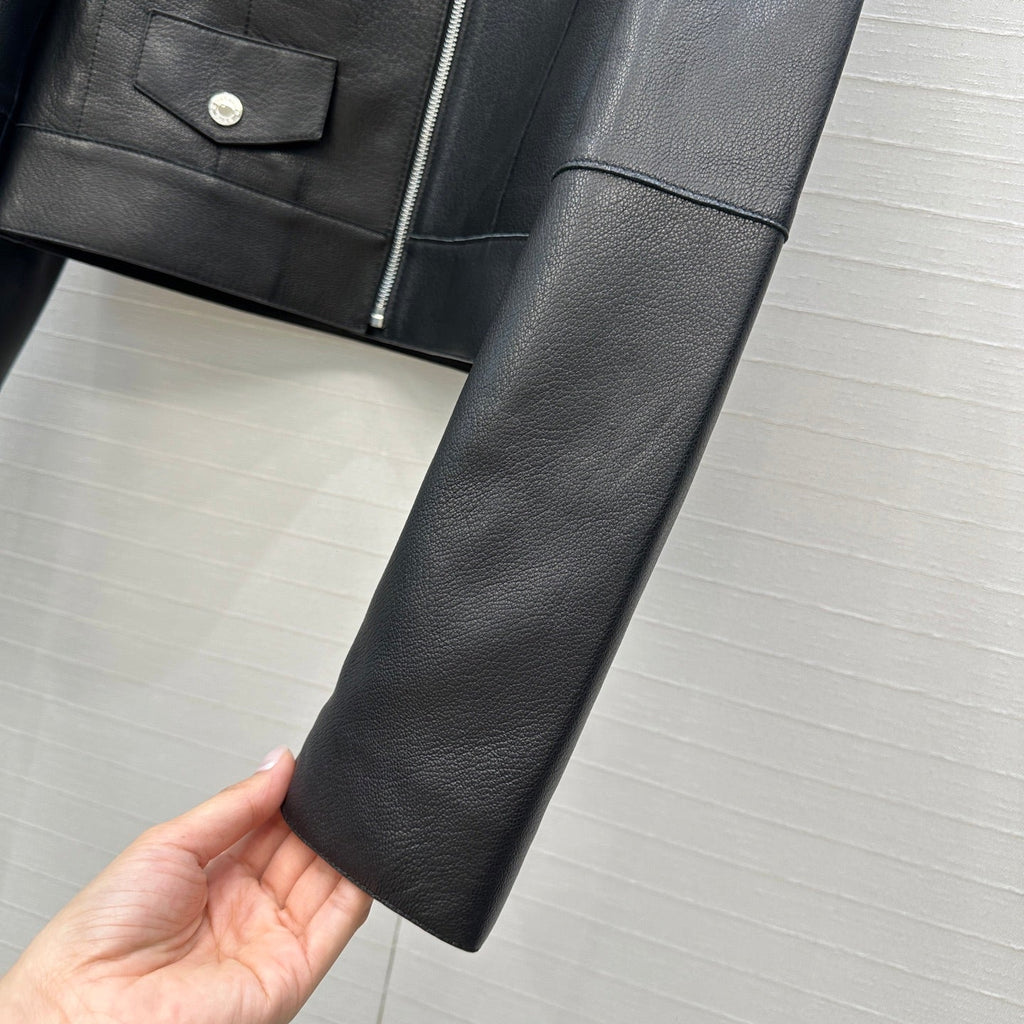 Cropped Sheepskin Leather Jacket – Noir Structured Edition
