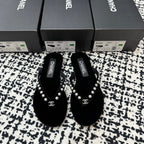 Pearl Embellished Flip-Flops - Black - View 1